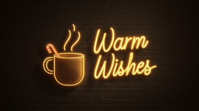 Minimalist Warm Wishes Neon Sign. Glowing Mug and Candy Cane on Dark Brick Wall Background. Christmas Holiday Banner. - Powered by Adobe