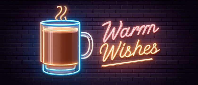 Minimalist Warm Wishes Neon Sign. Glowing Mug and Candy Cane on Dark Brick Wall Background. Christmas Holiday Banner.