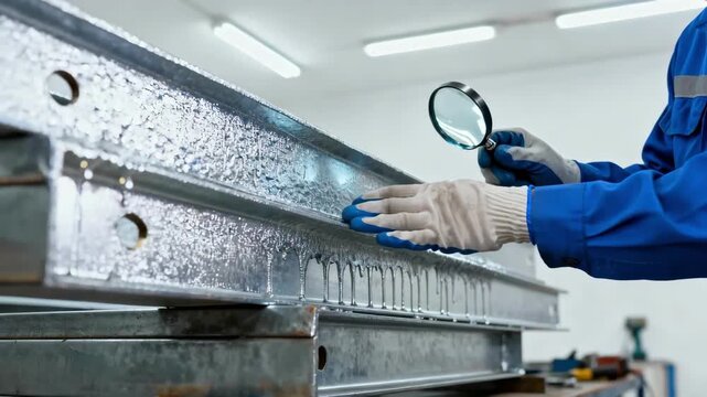 Closeup medium shot of a technician inspecting galvanization on metal parts highlighting zinc layer application for enhanced corrosion resistance