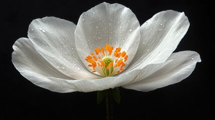 A delicate white flower glistens with dew drops on its petals, creating a stunning visual against a stark black background. This image evokes feelings of serenity, purity, and natural beauty.