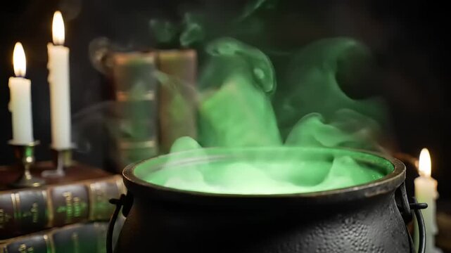 Cauldron with green potion and candles.