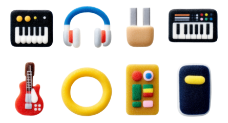 Colorful Music Icons with Synthesizer, Headphones, and Controller on Transparent Background