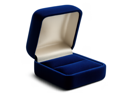 Empty blue velvet ring box opening for proposal