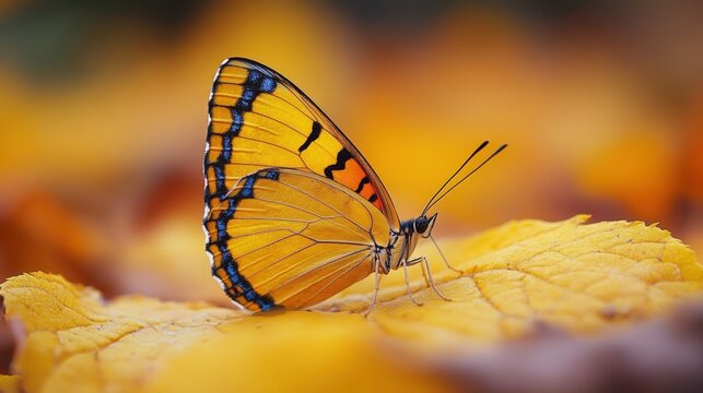 A stunning butterfly with yellow and blue wings perches delicately on an autumn leaf, symbolizing the beauty and transition of fall.  A vibrant image representing nature's transformation.