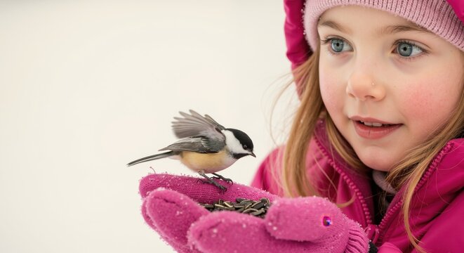 A young girl feeding a small chickadee from her gloved hand in the winter snow. Child showing kindness and trust with wildlife. Connection with nature concept with copy space
