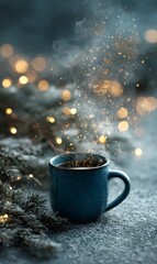 Obraz premium Hot beverage in a mug, releasing steam and golden glitter. Pine branches and bokeh lights create a magical winter atmosphere