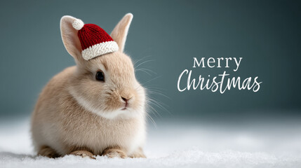 Cute bunny in santa hat on snowy surface with christmas wishes for holiday greeting card