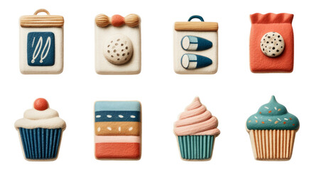 Decorative Baking Icons Featuring Whisk, Dough, Flour Bag, and Cupcake Designs