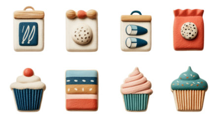 Decorative Baking Icons Featuring Whisk, Dough, Flour Bag, and Cupcake Designs