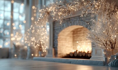 Warm living room decorated for christmas and new year, featuring a glowing fireplace and sparkling string lights creating a festive atmosphere