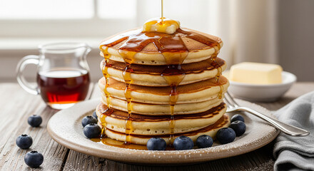 Indulge in a fluffy pancake stack with golden syrup and fresh blueberries for a sweet morning treat