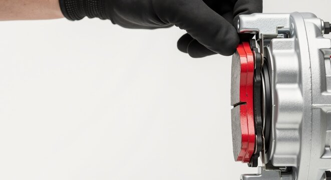 Mechanic installing a new red brake pad into a car caliper. Automotive repair and vehicle maintenance service. Close-up of a disc brake system with copy space