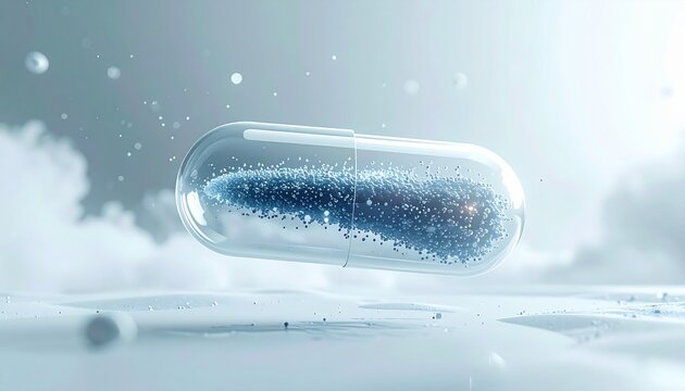 Curebyte Advanced transparent capsule shimmering with dynamic blue micro-particles, representing cellular regeneration and future health innovations in a pristine environment