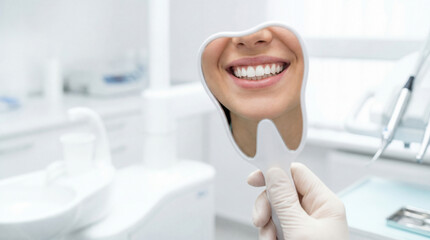 Bright smile reflected in a dental mirror during an appointment in a modern dental clinic, highlighting good oral health and patient satisfaction