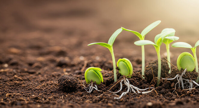 Witness vibrant seedlings emerge from rich soil, symbolizing growth, potential, and new beginnings