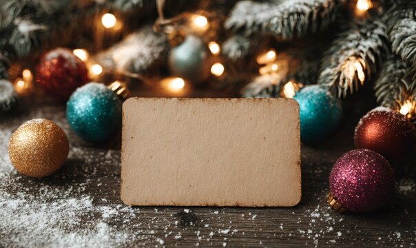 Blank old festive card standing on a wooden surface with christmas tree branches, twinkling lights, and colorful ornaments