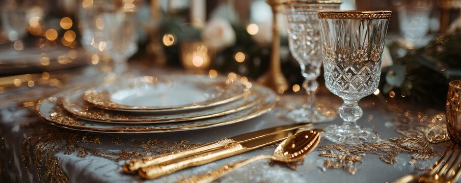 Elegant dining table decorated for a special celebration, featuring gilded plates, crystal glasses, and gold cutlery
