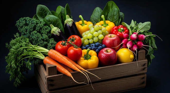 Fresh and vibrant produce assortment in rustic crate for healthy eating and lifestyle promotion