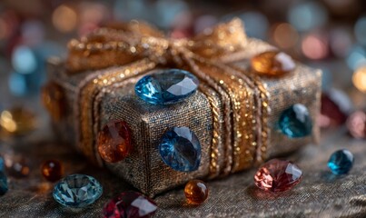 Elegant gift box wrapped in textured fabric, adorned with a golden ribbon and scattered colorful jewels, symbolizing celebration