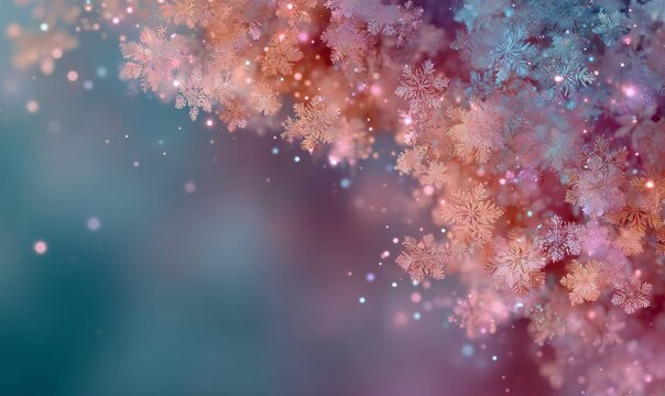 Falling iridescent snowflakes creating a festive winter wonderland with sparkling bokeh lights, ideal for holiday celebration backgrounds - Powered by Adobe