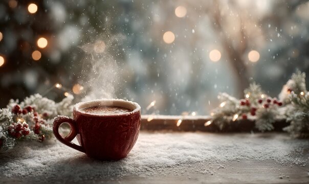 Red mug filled with steaming hot chocolate on a snowy wooden surface, festive decorations and falling snow creating a warm winter scene