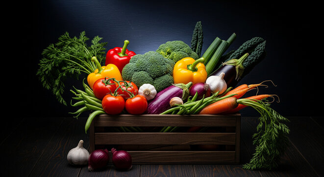 Abundant harvest of fresh, vibrant vegetables displayed in wooden crate for healthy lifestyle