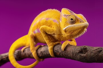 Colorful yellow chameleon perched on branch against a vibrant purple background showcasing bright yellow and purple hues