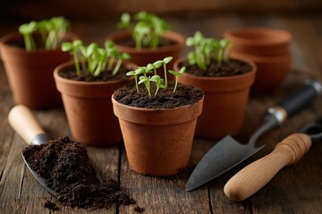 Seedlings grow in clay pots on a rustic wooden table surrounded by gardening tools, showcasing the beauty of nurturing plants indoors