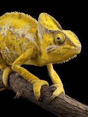 Colorful chameleon perched on a branch in a dark setting showcasing its vibrant yellow and textured skin