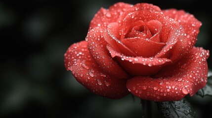 A vibrant red rose glistens with dew drops on its petals, dramatically highlighted against a deep black background. This image evokes beauty, freshness, and delicate detail.