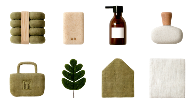 Japanese Miniature Stationery Collection with Washi Tape and Ink Bottles on Transparent Background