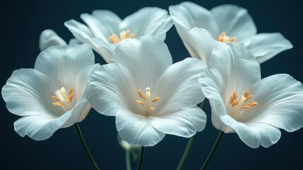 Fototapeta premium A group of delicate white flowers with bright golden centers is prominently displayed against a deep, dark background, creating a striking contrast and highlighting the floral beauty.