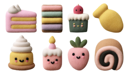 Cute and Soft Plush Cake Set Isolated on Transparent Background for Sweet Decor