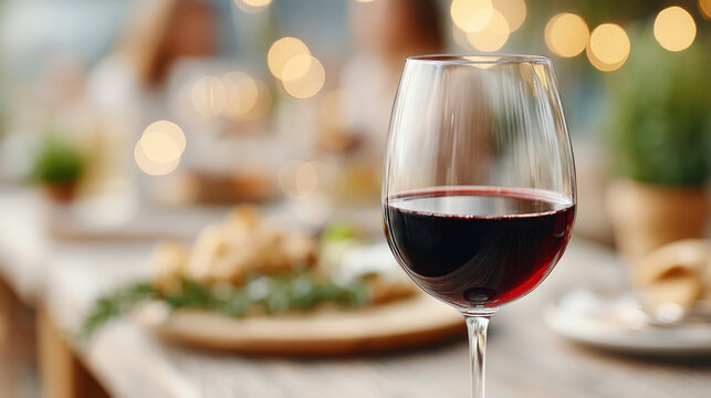 Close up of wine glass at elegant gathering with blurred background guests