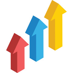 Three multicolored arrows red blue yellow ascending in a 3D isometric perspective suggesting growth progress and upward movement on a clean white background