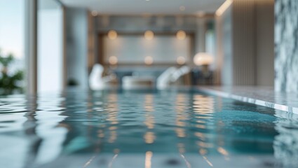 Luxury indoor pool with calm water and blurred background