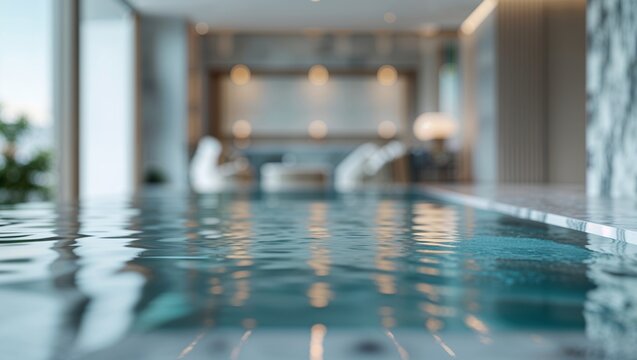 Luxury indoor pool with calm water and blurred background
