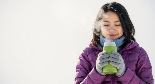 Asian woman enjoying a hot drink from a thermos in the snow. Smiling person in a warm jacket warming up with a steaming mug in cold winter weather with copy space