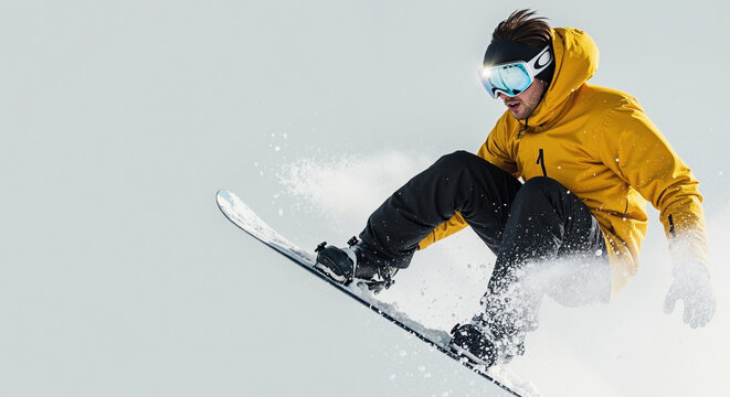 Male snowboarder in mid-air during a jump on a snowy day. Action shot of an athlete in a yellow jacket performing a freestyle trick. Winter sports concept with copy space