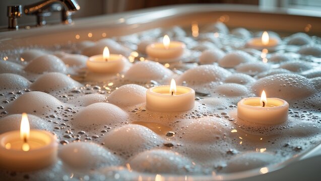 Relaxing bath with candles floating in bubbles for spa and wellness