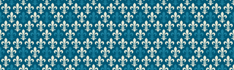 Elegant teal and white fleurdelis pattern.  Perfect for sophisticated designs, textiles, or website backgrounds.  This repeating motif evokes royalty, heritage, and classic style.