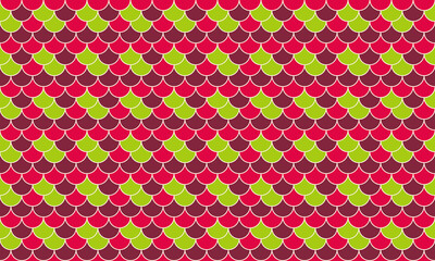 Vibrant geometric pattern featuring a repeating scale design in red and green hues.  Ideal for textile prints, website backgrounds, or any project needing a bold, playful aesthetic.