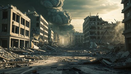 Devastated city scene after a major disaster with smoke and debris