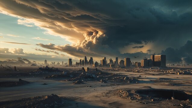 Apocalyptic cityscape with dramatic storm clouds and a desolate wasteland - Powered by Adobe