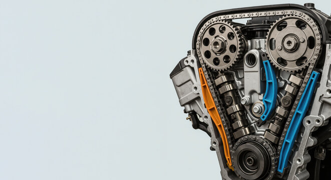 Car engine timing chain mechanism with camshaft sprockets. Automotive parts for vehicle repair and maintenance. Isolated on a background with copy space