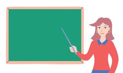 Teacher woman showing at a chalkboard with a pointer illustration isolated vector