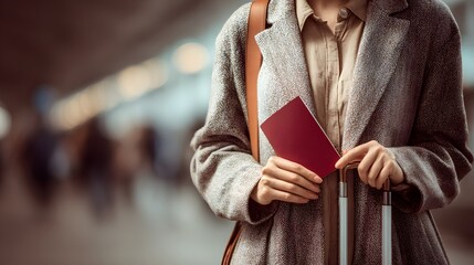 Fototapeta premium Ready for takeoff! This traveler's holding their passport, suitcase in tow, looking forward to their journey. A world of possibilities awaits them.