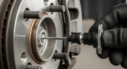 Mechanic's hand installing a new part on a car's wheel hub. Close-up of brake system repair and vehicle maintenance in a service garage.