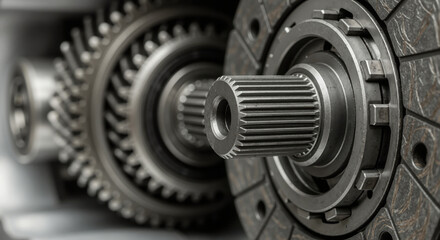 A close-up of a new car clutch disc and gearbox gears. Automotive transmission components and mechanical parts for vehicle repair and service