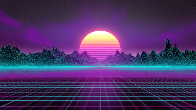Vaporwave landscape background with neon sun and digital grid horizon